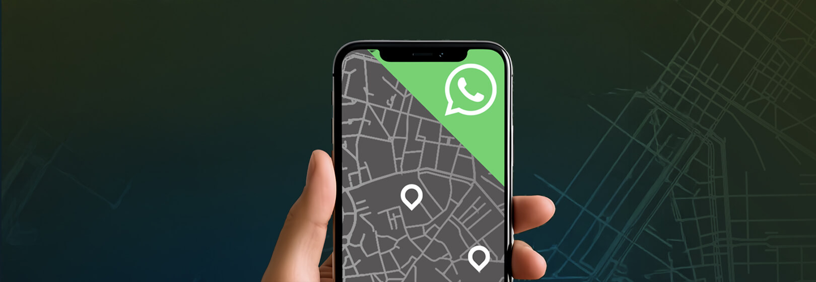 Hand holding a phone showing a map with pins and the WhatsApp logo