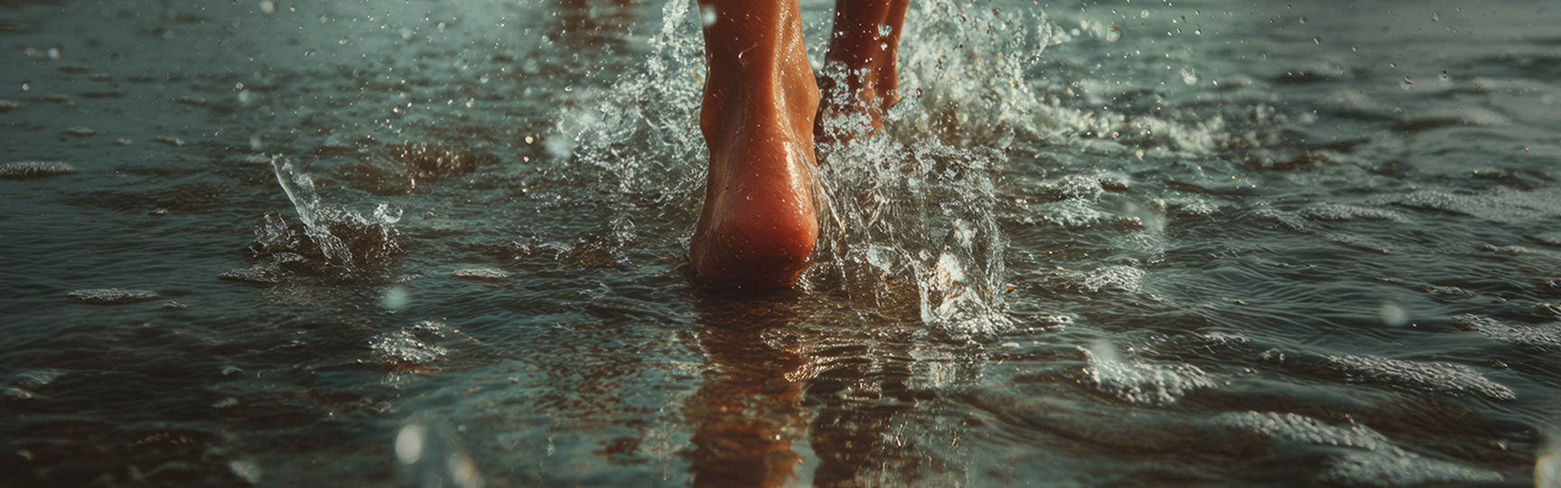 Rear close-up of a foot walking on the beach, in the water