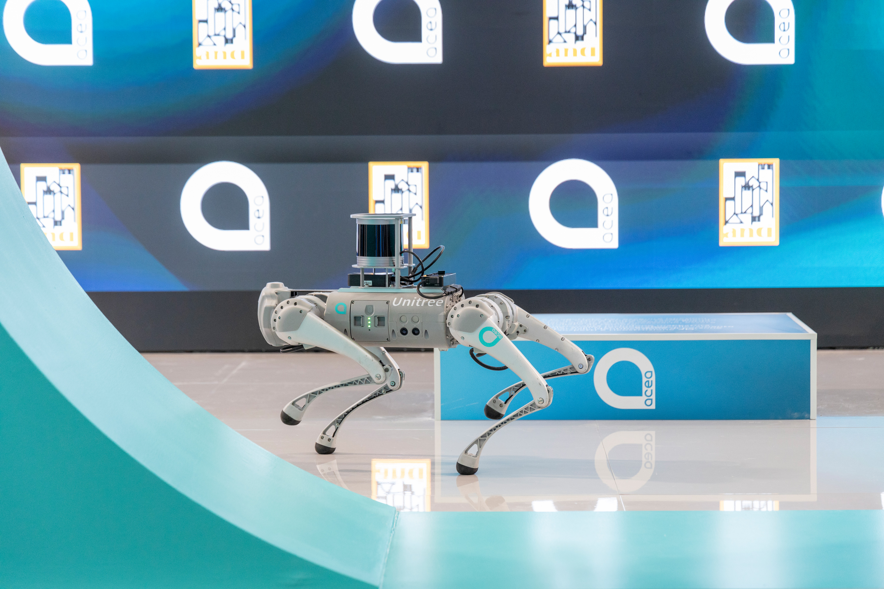 Close-up of the dog-shaped Acea robot