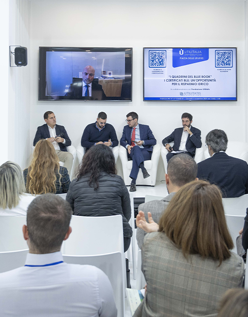 Enrico Pezzoli, amministratore delegato di Acea Acqua, durante l'evento "I Quaderni del Blue Book - I Certificati Blu: un'opportunità per il risparmio idrico" a Ecomondo 2025