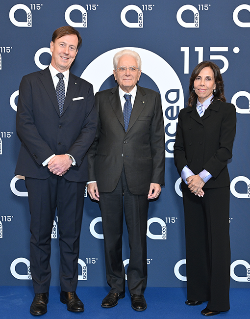 President Mattarella posing with Acea CEO Fabrizio Palermo and Barbara Marinali, President of Acea
