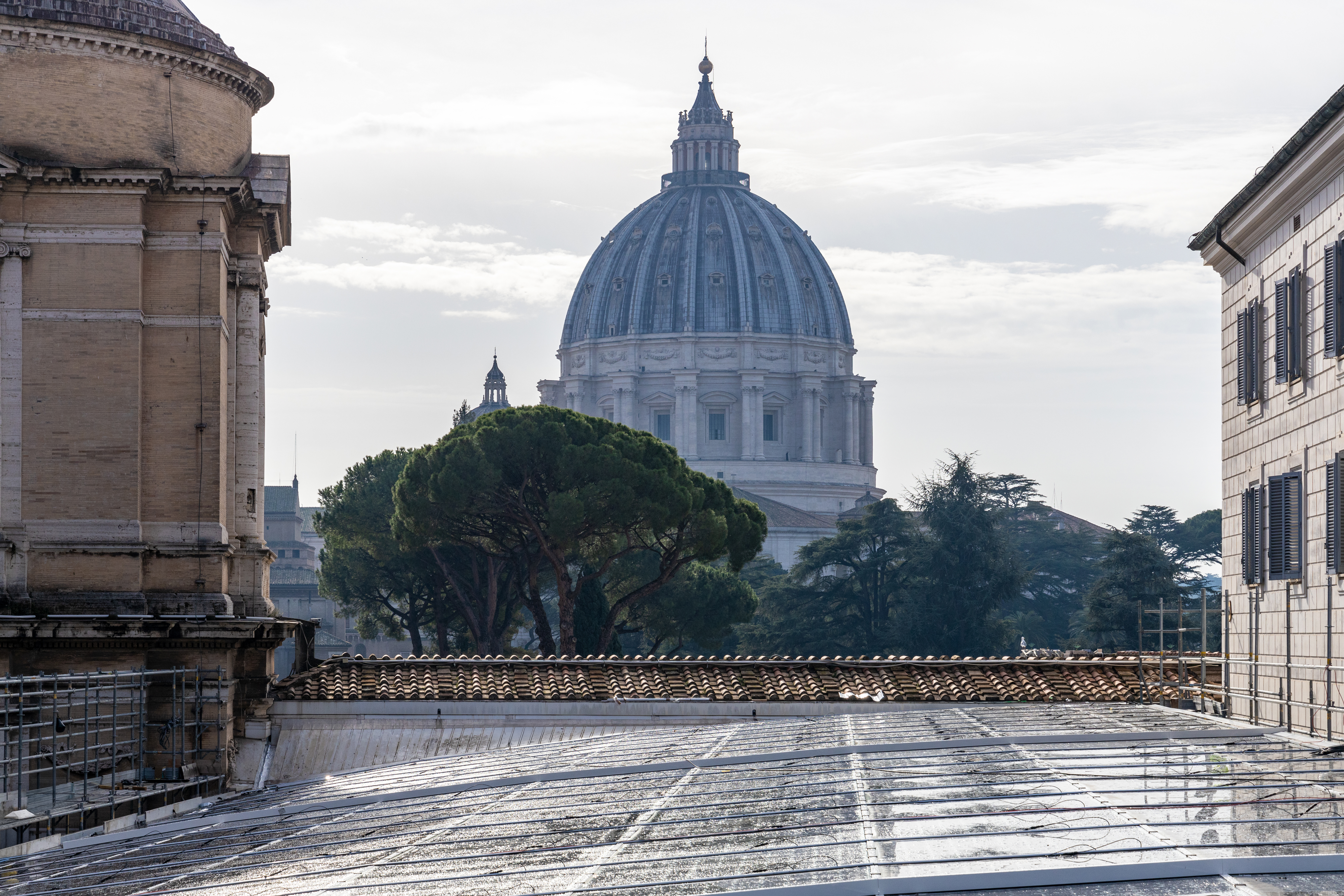 primo piano dei pannelli fotovoltaici e sullo sfondo il Vaticano